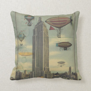 Steampunk Airships in the Sky over New York City Throw Pillow