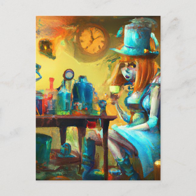 Steampunk Alice Creating Potions in an Alchemy Lab Postcard (Front)
