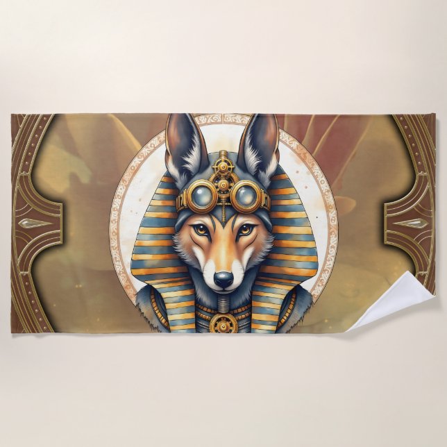 Steampunk Anubis Fox Portrait Beach Towel (Front)