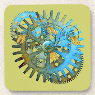 Steampunk Aqua Gear Collage Coasters
