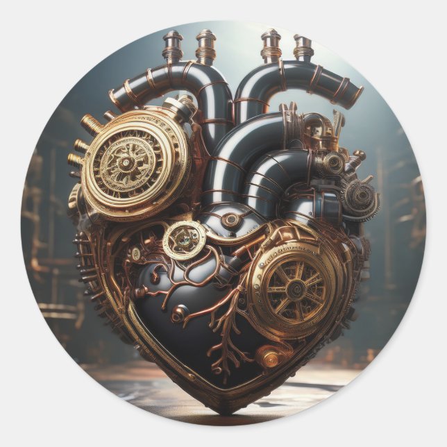 Steampunk Artificial Heart Classic Round Sticker (Front)