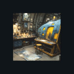 Steampunk Artist Submarine Studio Chaos Canvas Print<br><div class="desc">A dimly lit, riveted submarine-like chamber serves as an overflowing artist's sanctuary. A large easel displays an unfinished portrait while every surface groans under jars of paint, brushes, old books, mechanical oddities, and half-finished canvases. Warm lanterns and hanging bulbs throw golden pools across a cluttered workbench and paint-splattered drop cloth,...</div>