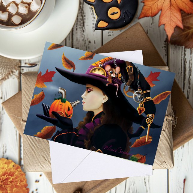 Steampunk Autumn Witch Pumpkin Clockwork Hat Card (Creator Uploaded)