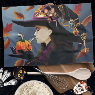 Steampunk Autumn Witch Pumpkin Clockwork Hat Kitchen Towel