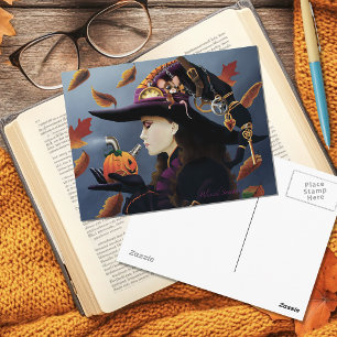 Steampunk Autumn Witch Pumpkin Clockwork Hat Postcard