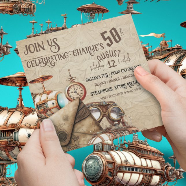 Steampunk avec Blimps Cartes Goggles Célébration (Chic industrial steampunk collage with airships and goggles on customizable party invitations. )