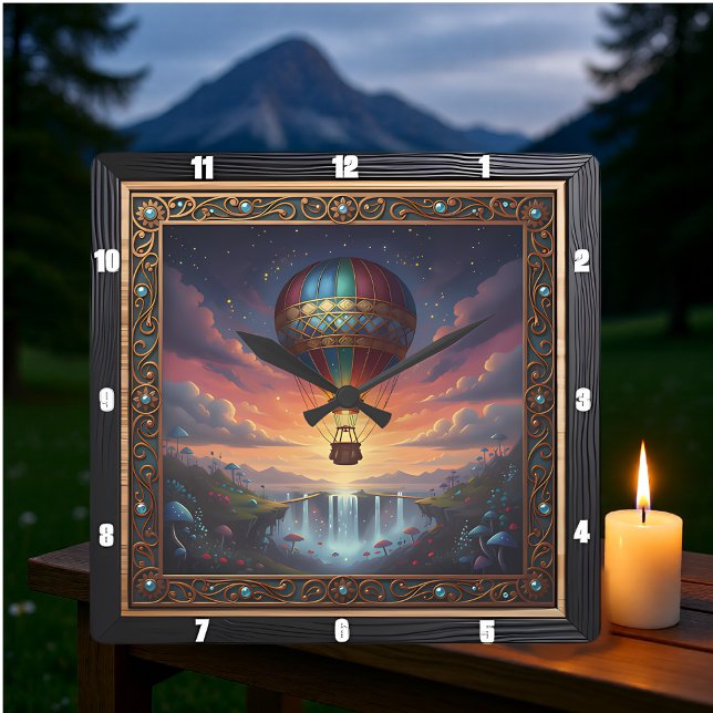 Steampunk Balloon Fantasy Waterfall Square Wall Clock (Creator Uploaded)