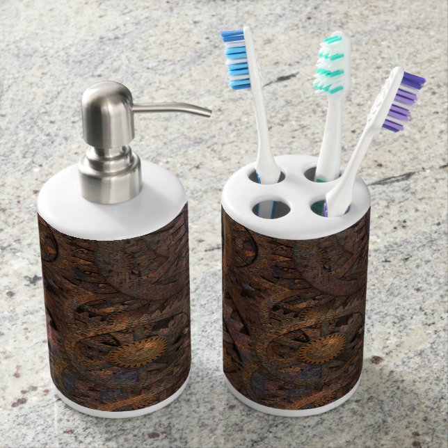 Steampunk Bathroom Accessories Soap Dispenser And Toothbrush Holder (Front)