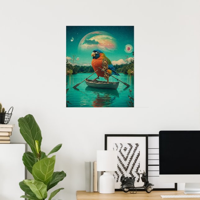 Steampunk Bird Rowing Surreal Lake Cosmic Poster (Home Office)