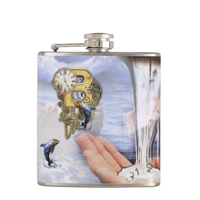 Steampunk Birthday letter B Hip Flask (Front)
