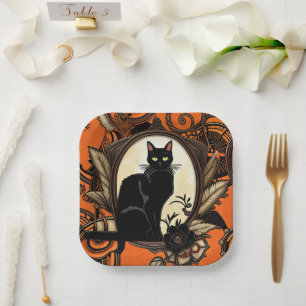 Steampunk Black Cat Halloween Paper Plate