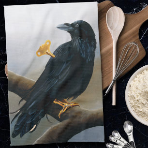 Steampunk Black Raven Wind-Up Key Mechanical Kitchen Towel