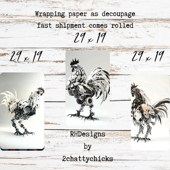 Steampunk Black White Roosters Decoupage  Wrapping Paper Sheet (Creator Uploaded)