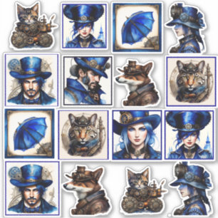 Steampunk Blue and Gold Watercolor Vinyl Stickers 