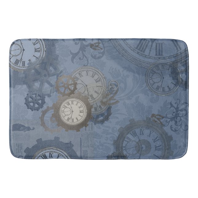 Steampunk blue print vintage bath mat (Front)