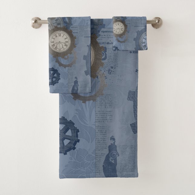 Steampunk blue vintage print bath towel set (Insitu)