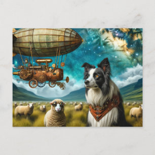 Steampunk Border Collie With Sheep and Blimp Postcard