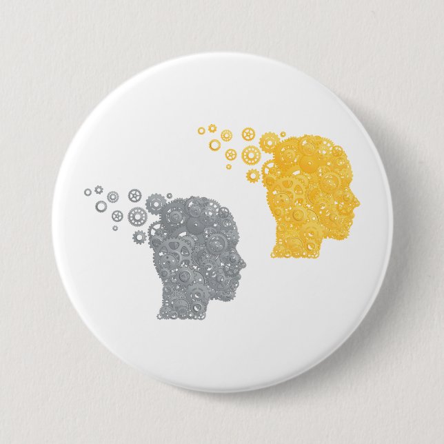 Steampunk Brain Power Cogwheel Heads 3 Inch Round Button (Front)