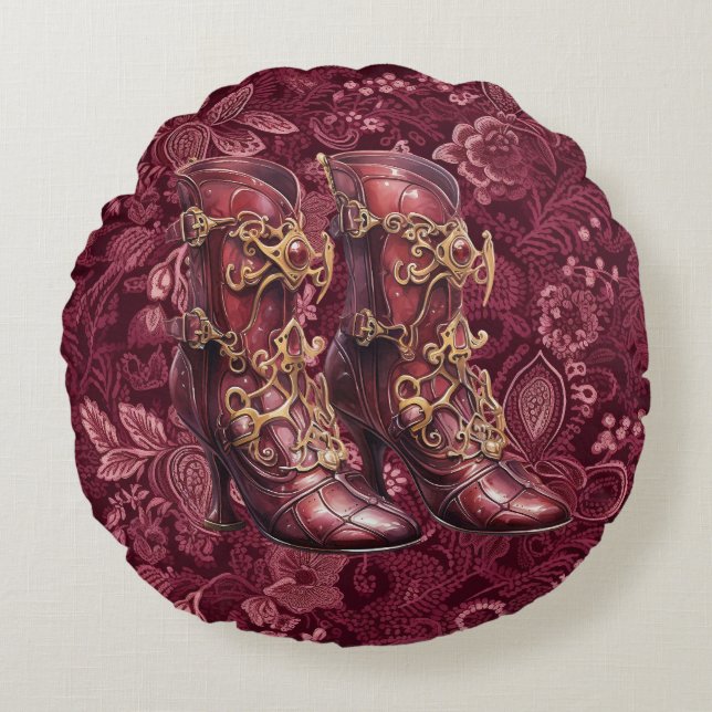 Steampunk Burgundy Floral High Heel Round Pillow (Front)