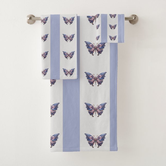Steampunk butterflies stripes bath towel set (Insitu)