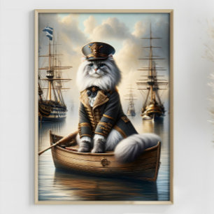 Steampunk Cat Captain Ragdoll Old War Ships Poster