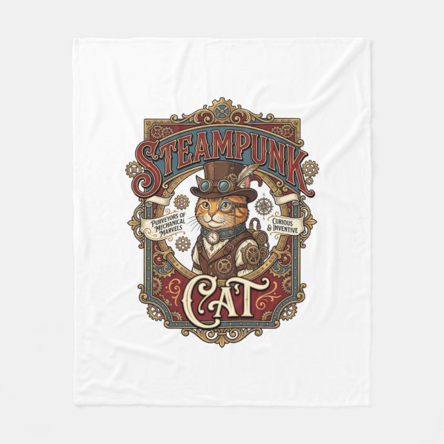 Steampunk Cat Cat Steampunk Vintage Fleece Blanket (Front)
