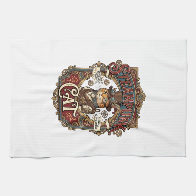 Steampunk Cat Cat Steampunk Vintage Kitchen Towel (Horizontal)