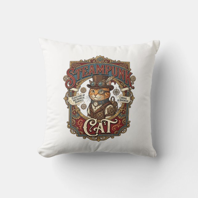 Steampunk Cat Cat Steampunk Vintage Throw Pillow (Front)