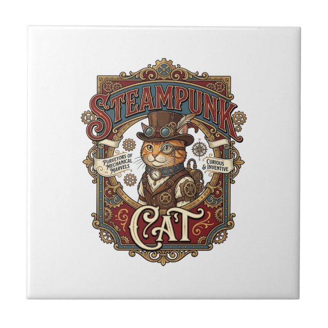Steampunk Cat Cat Steampunk Vintage Tile (Front)