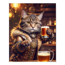 Steampunk cat drinking beer in a pub -