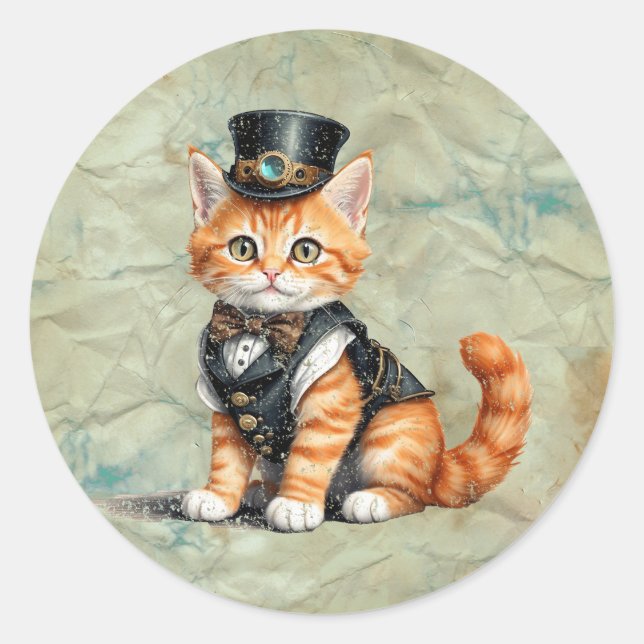 Steampunk Cat:  Gothic Kitty Art For Cat Lovers Classic Round Sticker (Front)