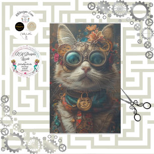 Steampunk Cat Guardian Teal Orange Decoupage  Tissue Paper