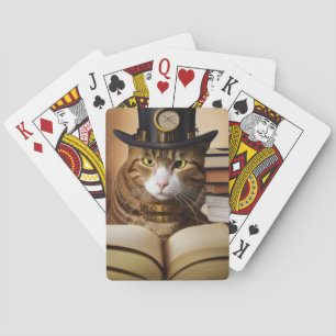Steampunk Cat in a hat with books Playing Cards