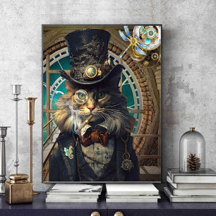 steampunk cat in clocktower poster