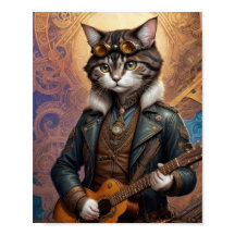 Steampunk cat in leather jacket, playing guitar -