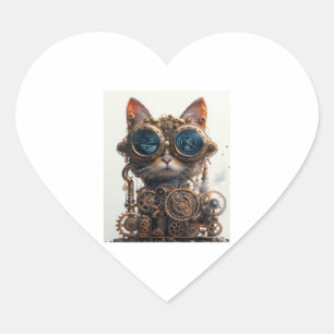 Steampunk Cat Inventor Heart Sticker