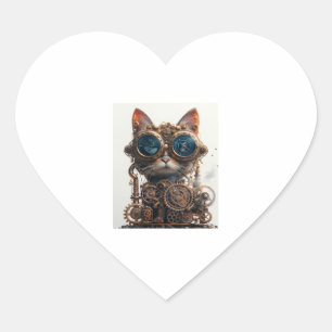 Steampunk Cat Inventor Heart Sticker
