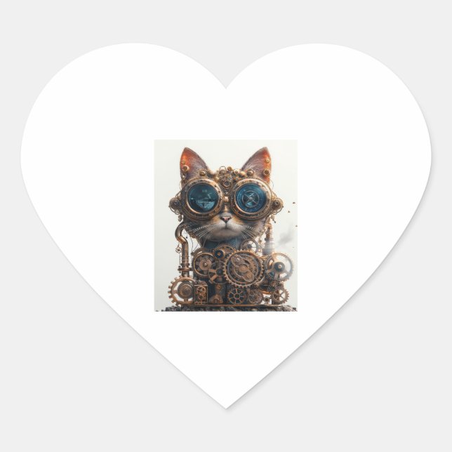 Steampunk Cat Inventor Heart Sticker (Front)