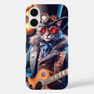 Steampunk cat playing guitar, top hat and goggles iPhone 16 case