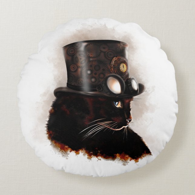 Steampunk cat round pillow (Front)