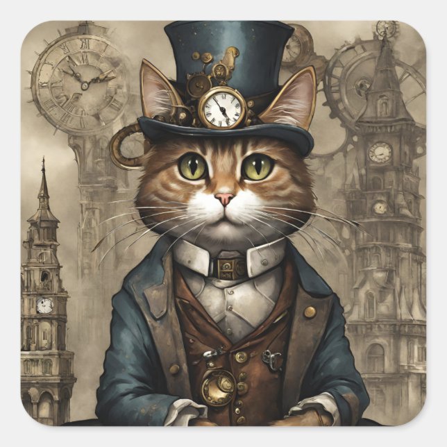 Steampunk Cat Square Sticker (Front)
