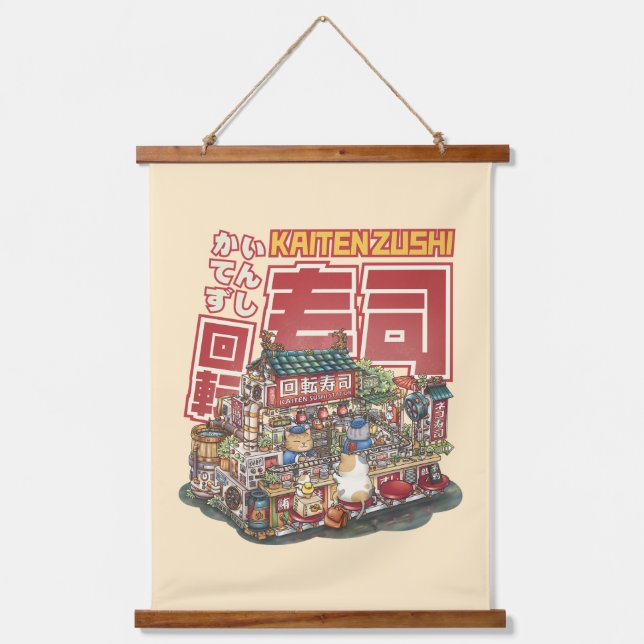 Steampunk Cat Sushi Restaurant Hanging Tapestry (Front)
