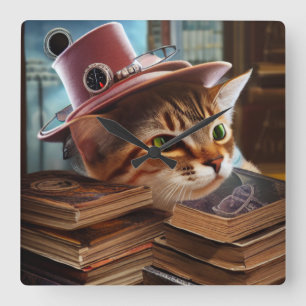 Steampunk cat with books Wall Clock