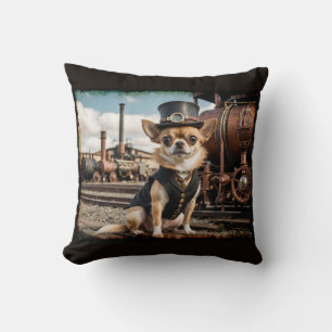 Steampunk Chihuahua and Train Throw Pillow