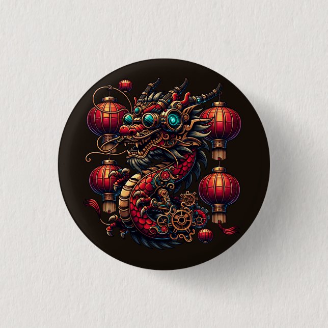 Steampunk Chinese New Year Dragon 1 Inch Round Button (Front)