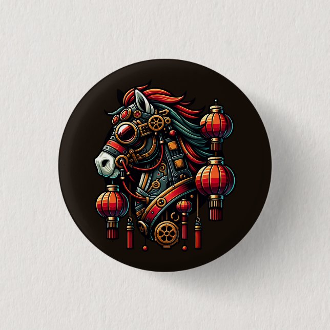 Steampunk Chinese New Year Horse 1 Inch Round Button (Front)
