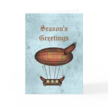Steampunk Christmas Bronze Airship Greeting Card