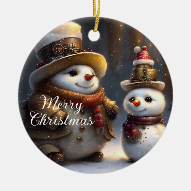 Steampunk Christmas Snowmen  Ceramic Ornament (Front)