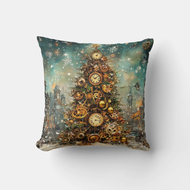 Steampunk Christmas Tree Throw Pillow (Front)