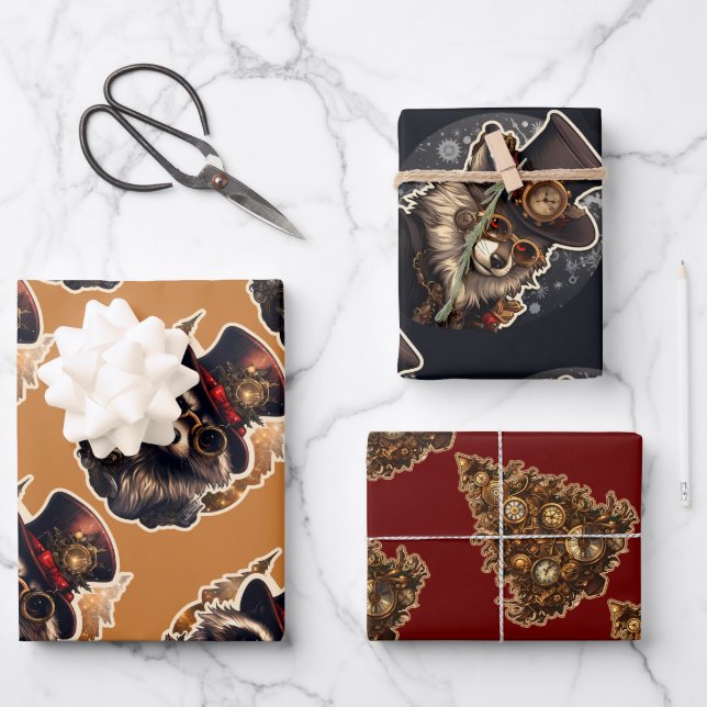 Steampunk Christmas Tree Wolf Raccoon 3 apatterns Wrapping Paper Sheet (Front)